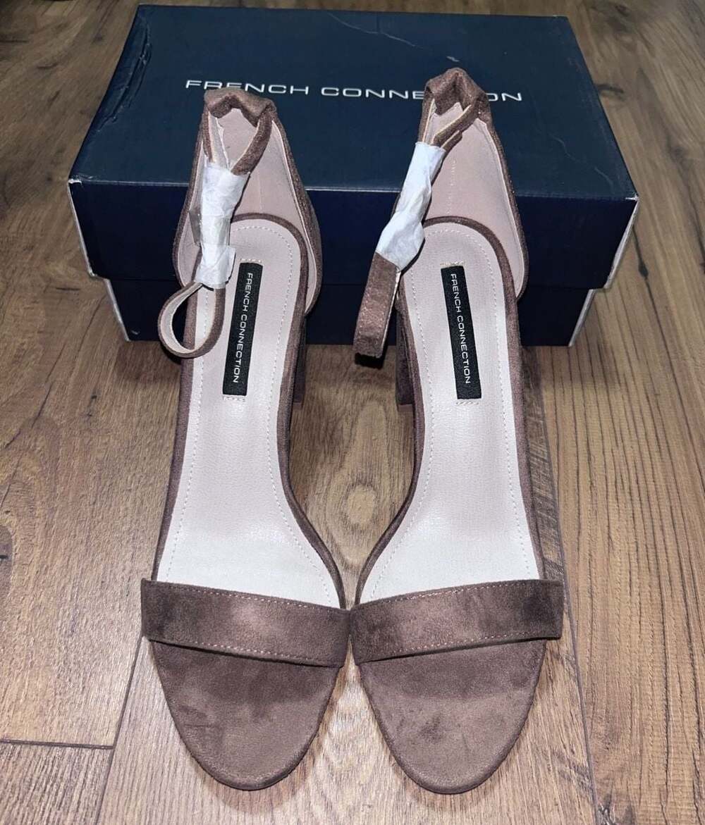 French Connection Brown Suede Ankle Strap Block Heel Sandals